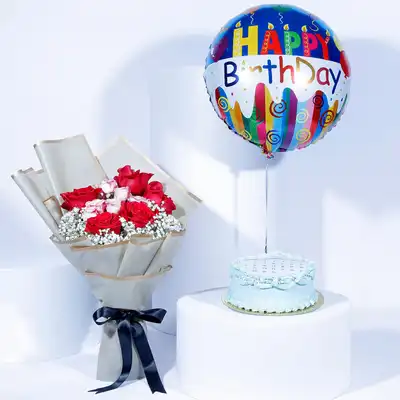 Deluxe Birthday Combo: Rose Bouquet, Red Velvet Cake & Balloon