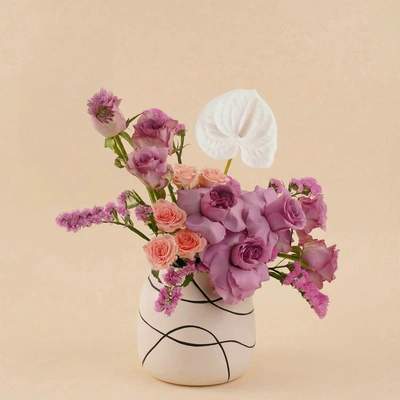 Purple Roses Vase with White Anthurium