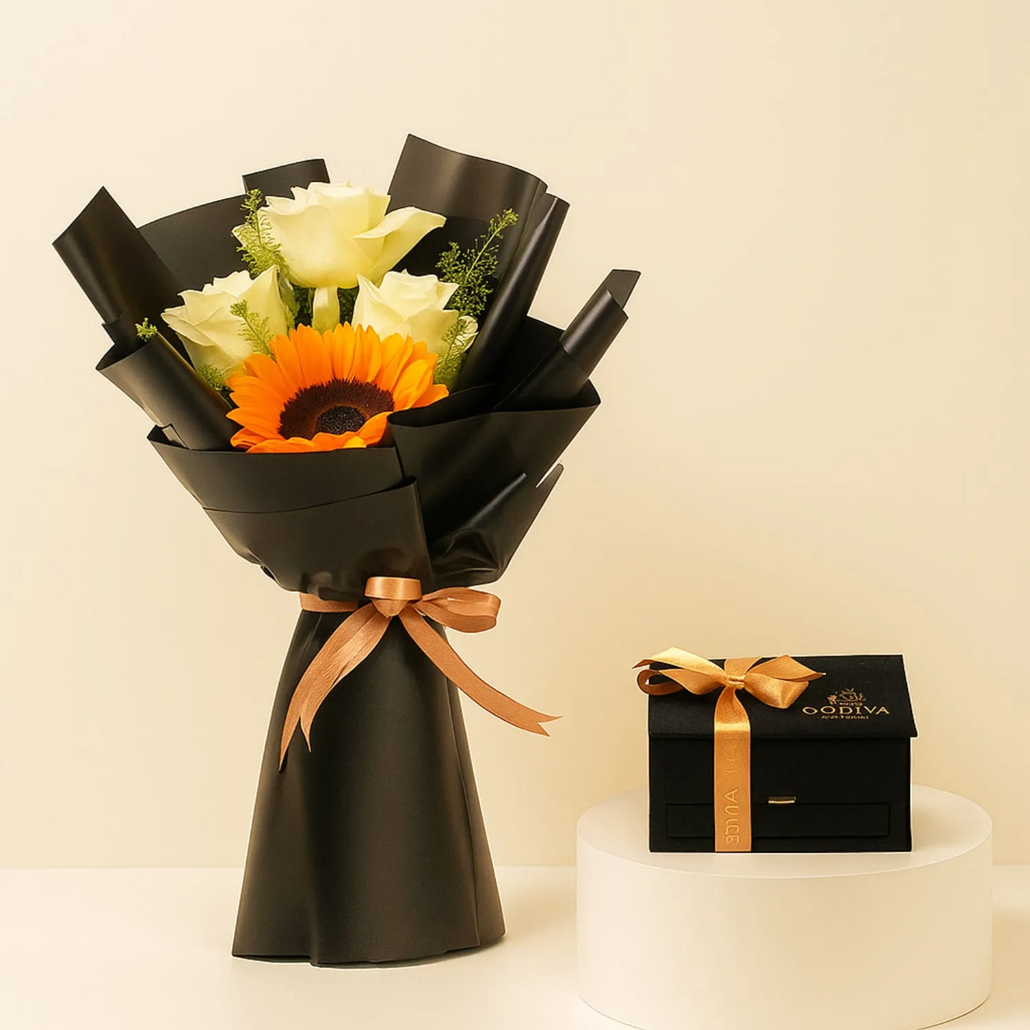 Luxurious Godiva Mini Royal Box with Sunflowers & White Roses Bouquet