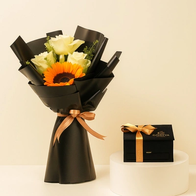 Luxurious Godiva Mini Royal Box with Sunflowers & White Roses Bouquet