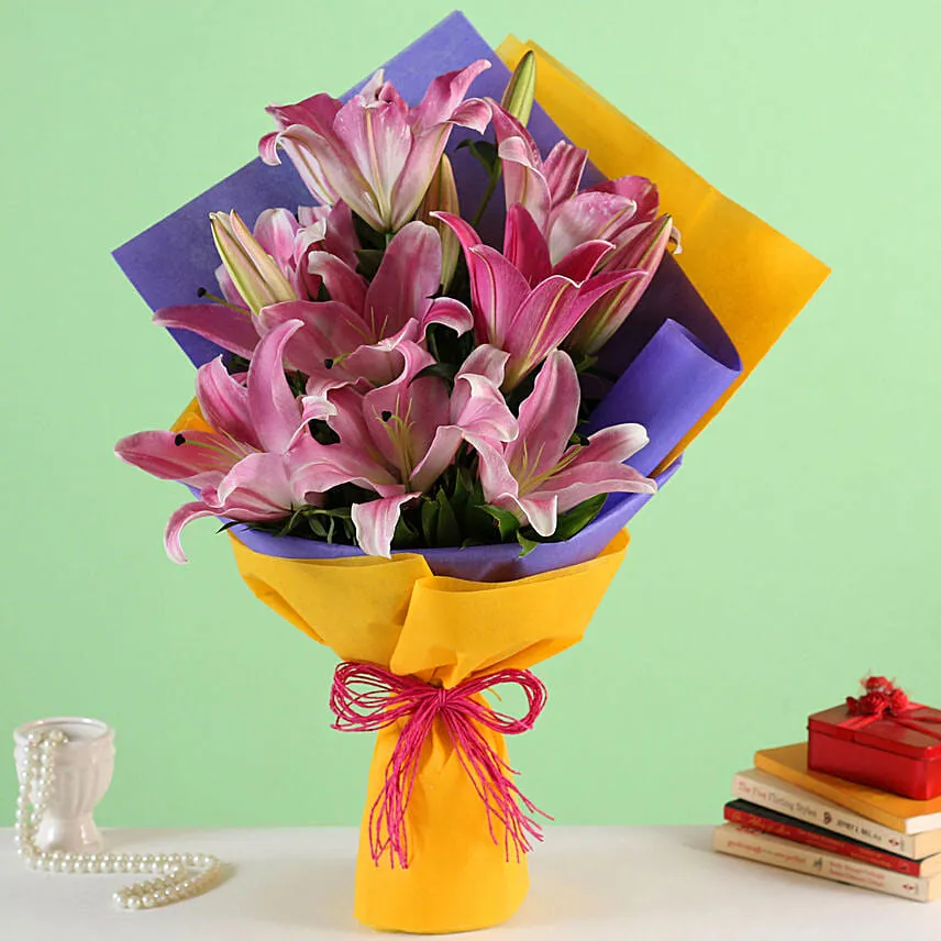 Enchanting Pink Oriental Lilies Bouquet with Ferrero Rocher