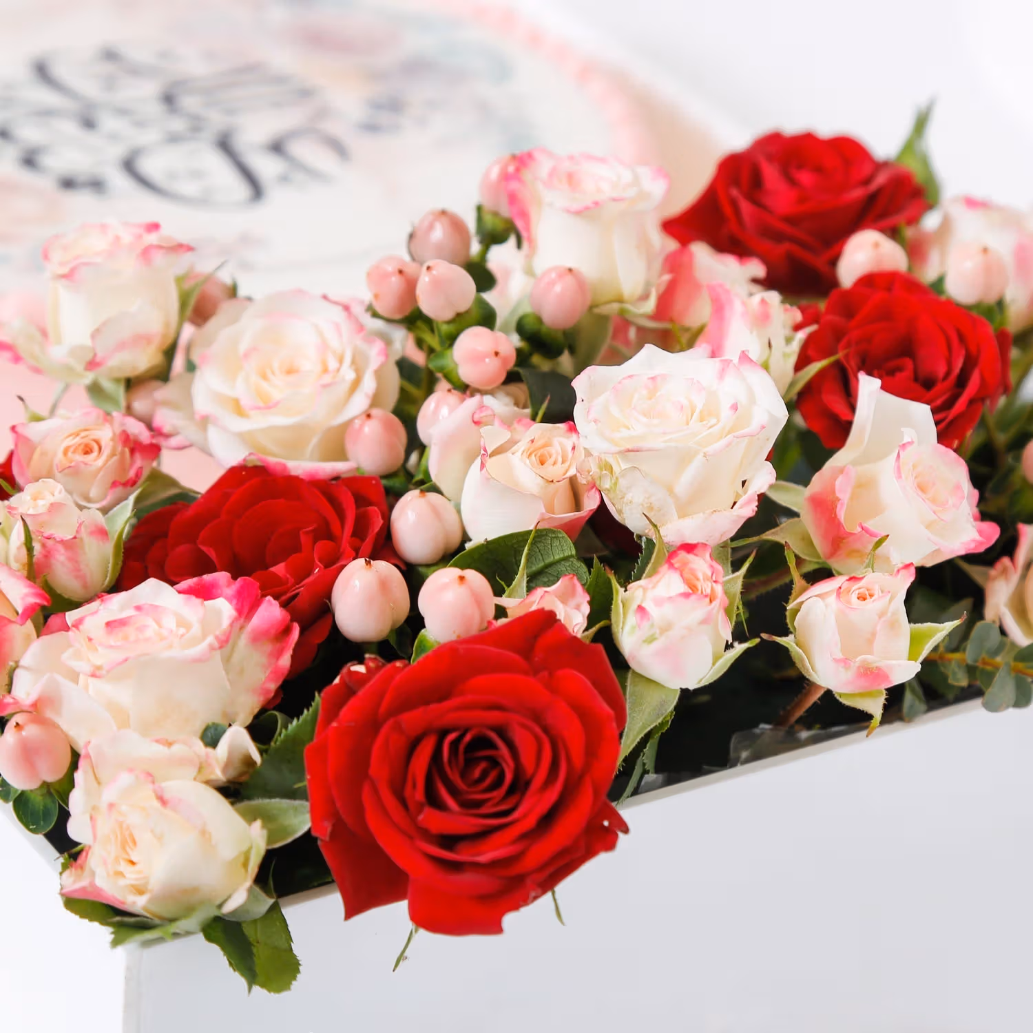 Elegant Pink Eid Mubarak Cake with Floral Arrangement in Acrylic Box