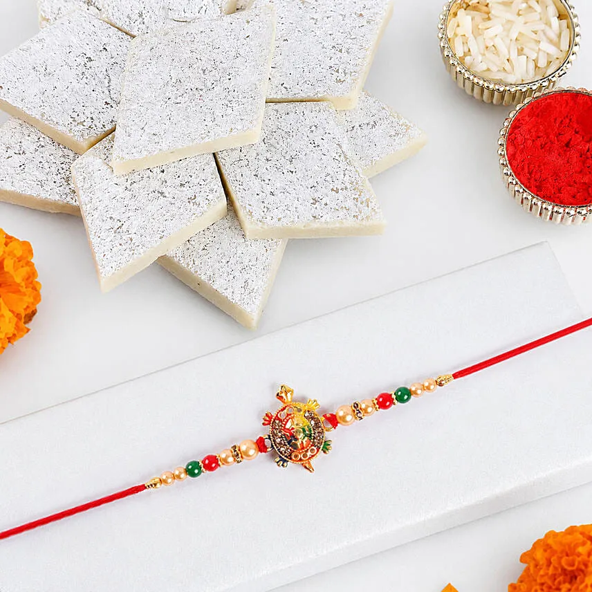 Prosperity Tortoise Rakhi with Kaju Katli