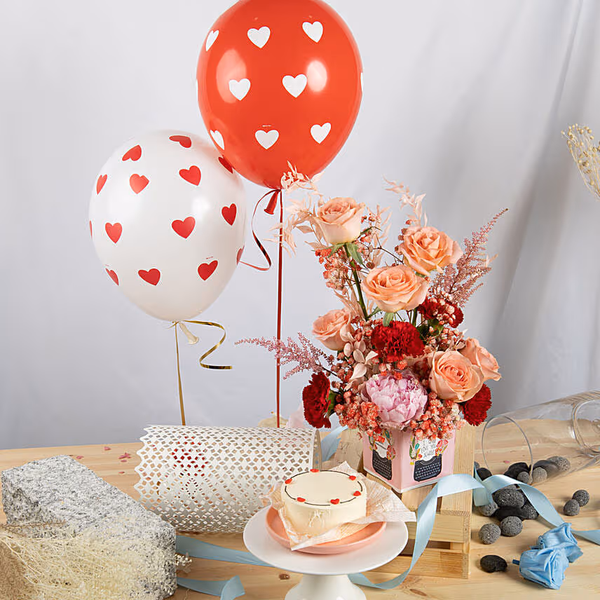 Anniversary Love Flower with Cake and Balloons