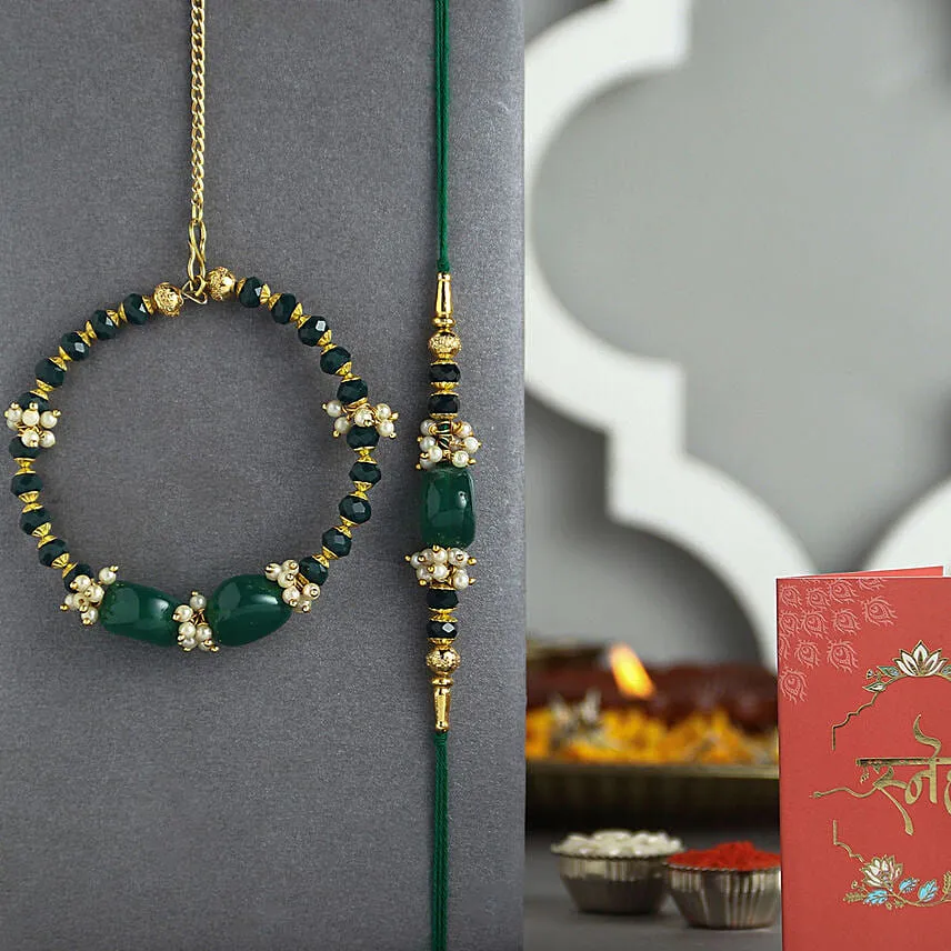 Enchanted Stone Work Lumba Pearl Rakhi Set N Sweet Treat