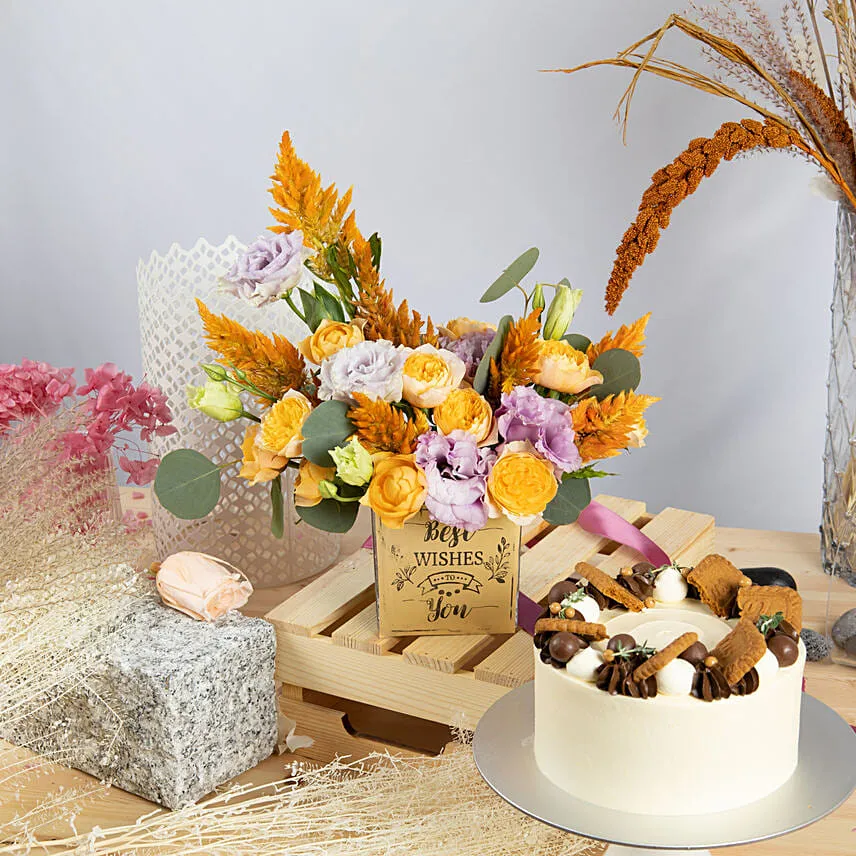 Best Wishes Flowers Arrangement with Cake
