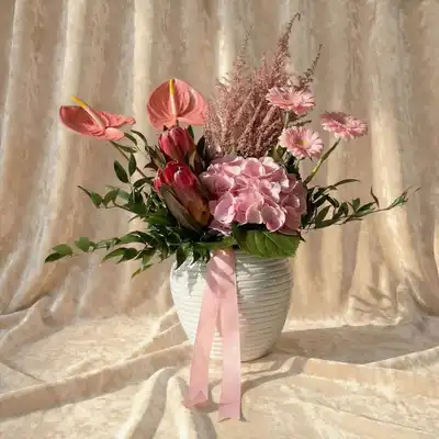 Elegant Pink Anthurium & Gerbera Bouquet in White Pot