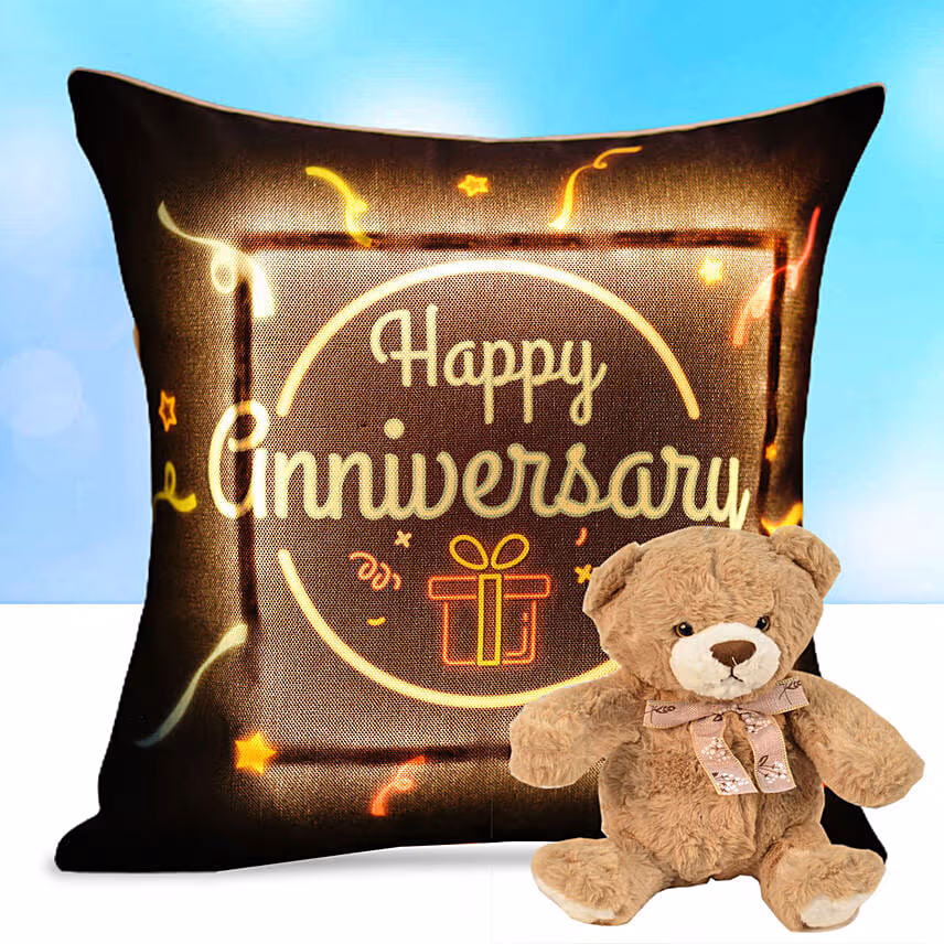 Happy Anniversary Led Cushion With Teddy Bear