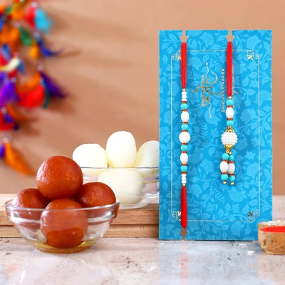 Elegant Blue Lumba Rakhi Set with Haldiram's Gulabjamun and Rasgulla - Celebrate Raksha Bandhan in Style