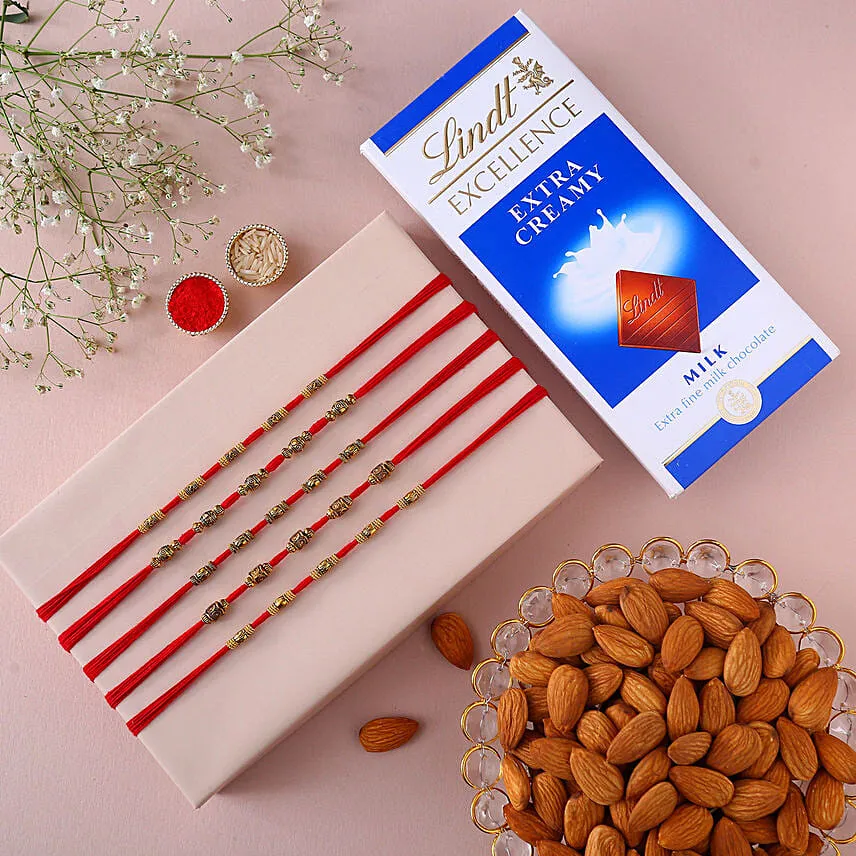 Sneh Classy Rakhi Set With Lindt Chocolates & Almonds