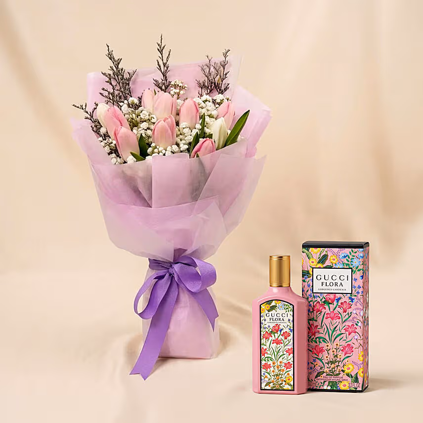 Elegant Tulips Bouquet and Perfume for Mom