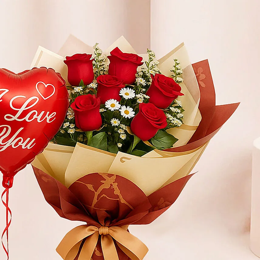 Designer Red Roses Bouquet With I Love You Balloon
