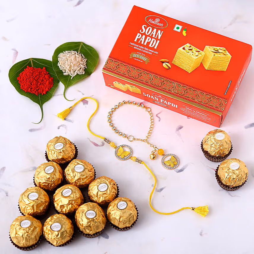 Sneh Butterfly Rakhis With Soan Papdi & Ferrero Rocher