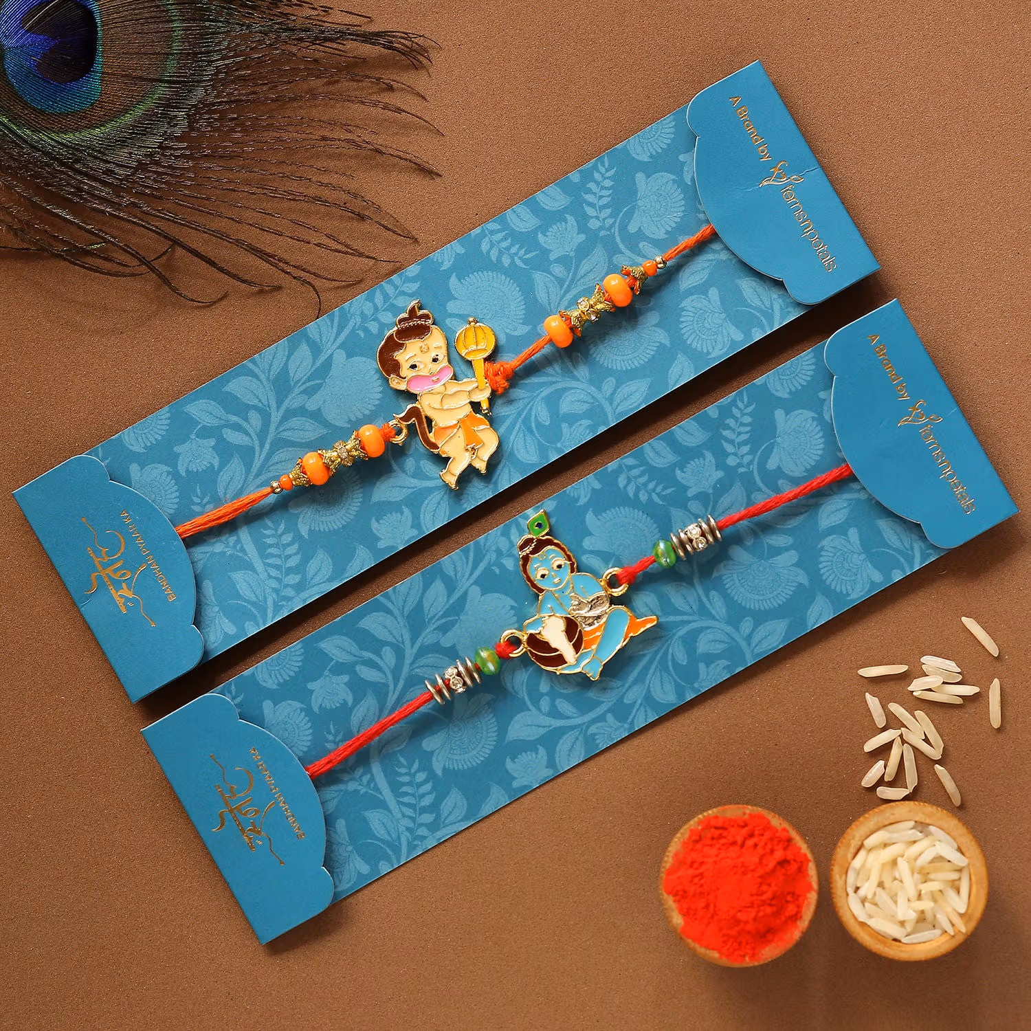 Bal Krishna And Bal Hanuman Rakhi Set With 3 Ferrero Rocher