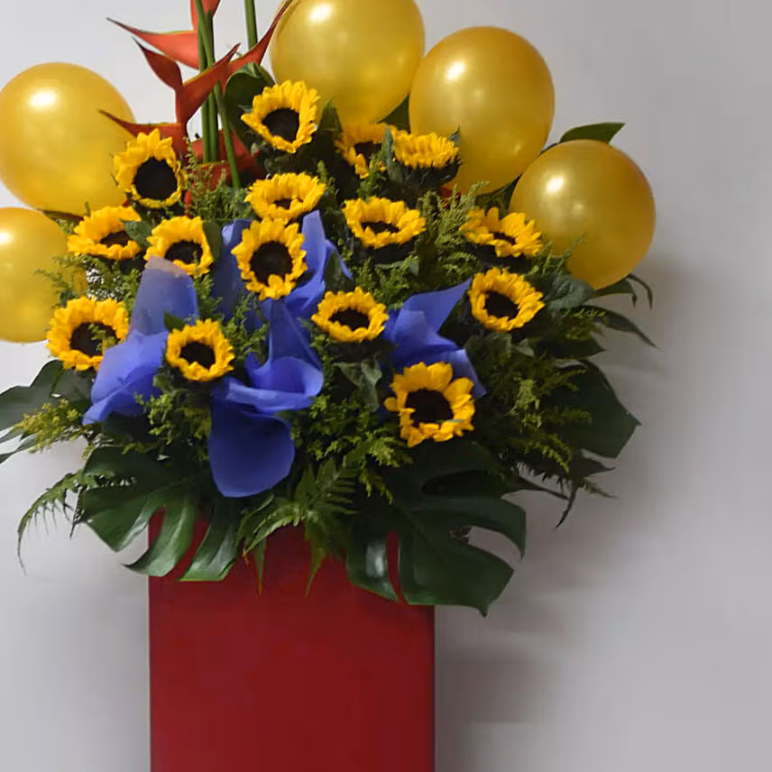 Sunflowers And Orange Balloons Flower Stand