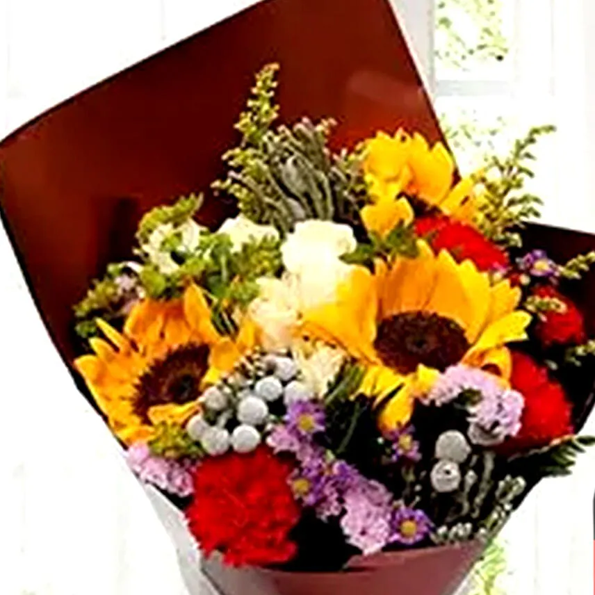Mixed Flowers Bouquet With Red Wine