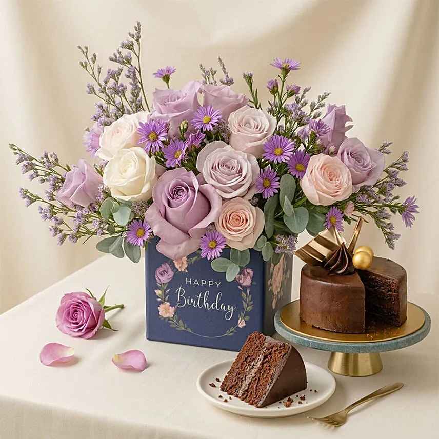 Birthday Roses Arrangement and Chocolate Cake