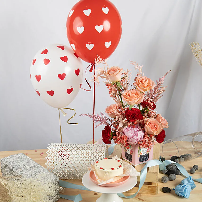 Anniversary Love Flowers with Cake and Balloons