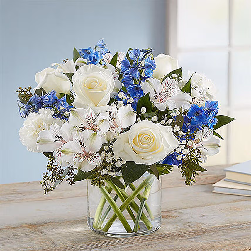 Blue And White Floral Bunch With 16 Ferrero Rocher