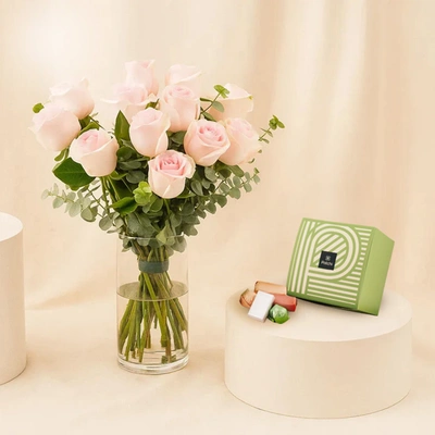 Sweet Pink Roses Vase - With Patchi Chocolates 