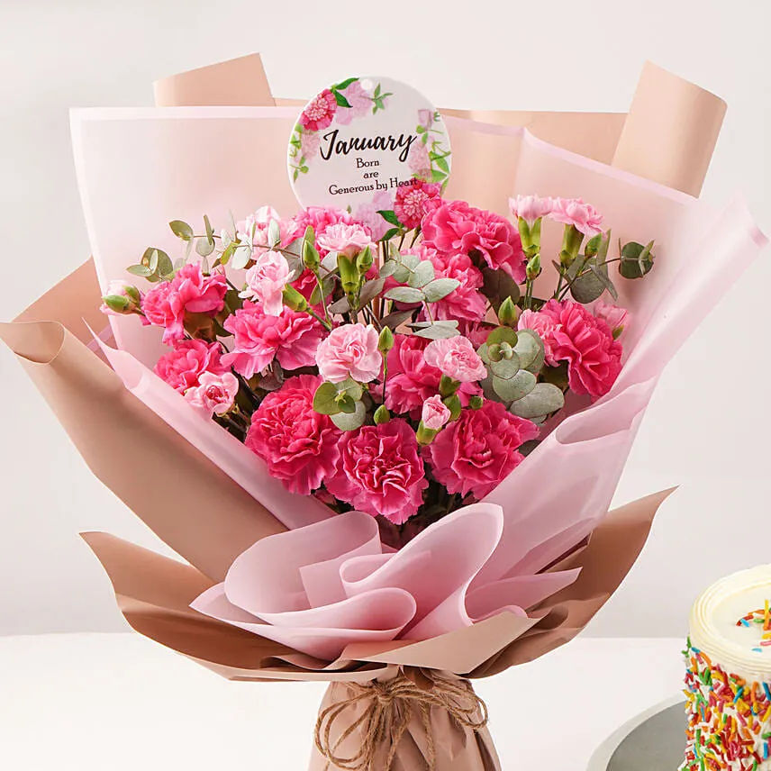 Birthday Wish Carnations Bouquet And Cake