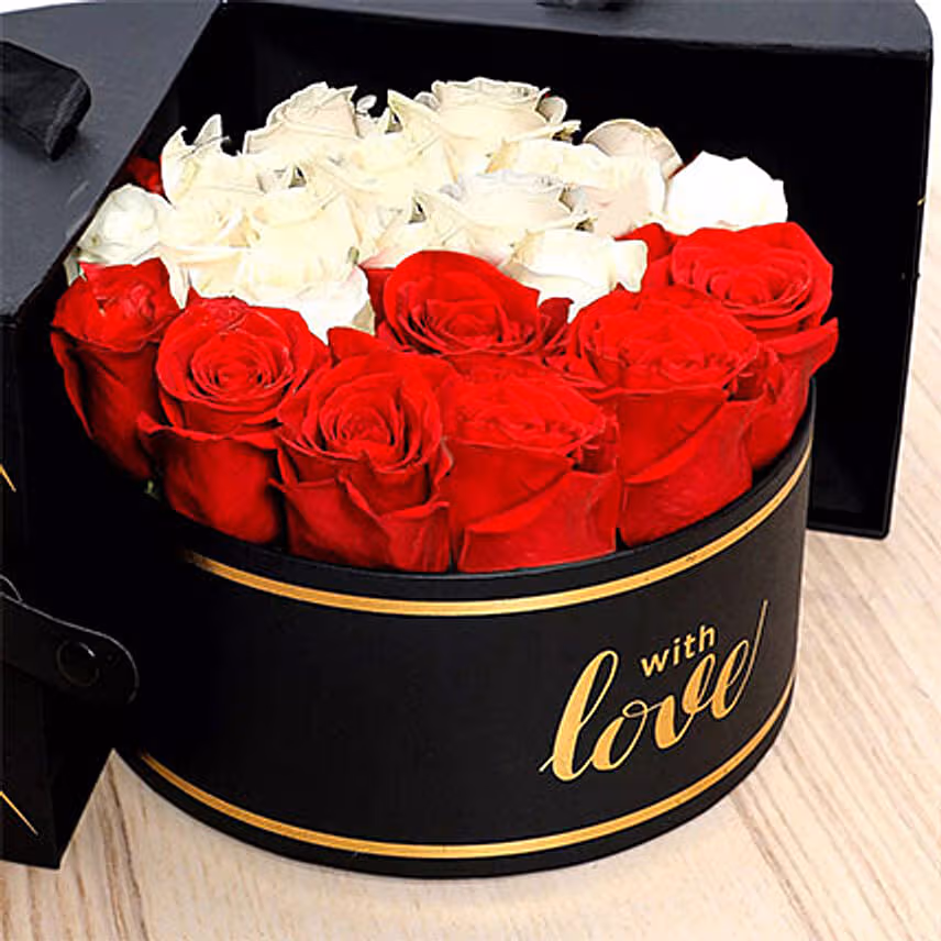 Charming Red & White Roses With Mini Mousse Cake For Valentines