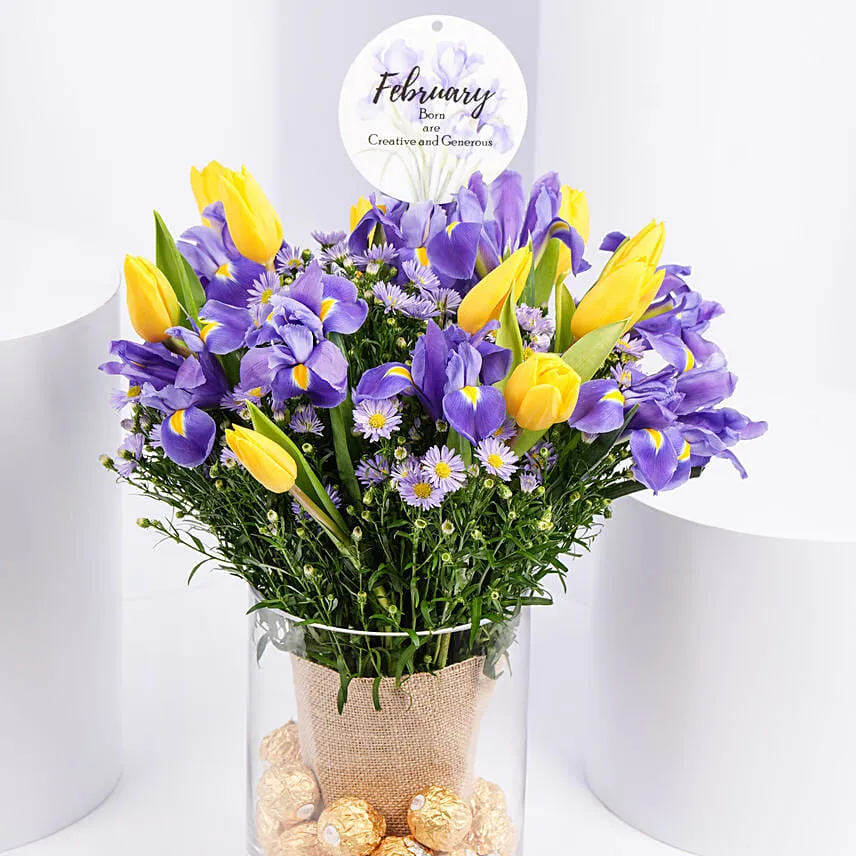 Feb Birthday Flower Iris & Tulips with Rochers
