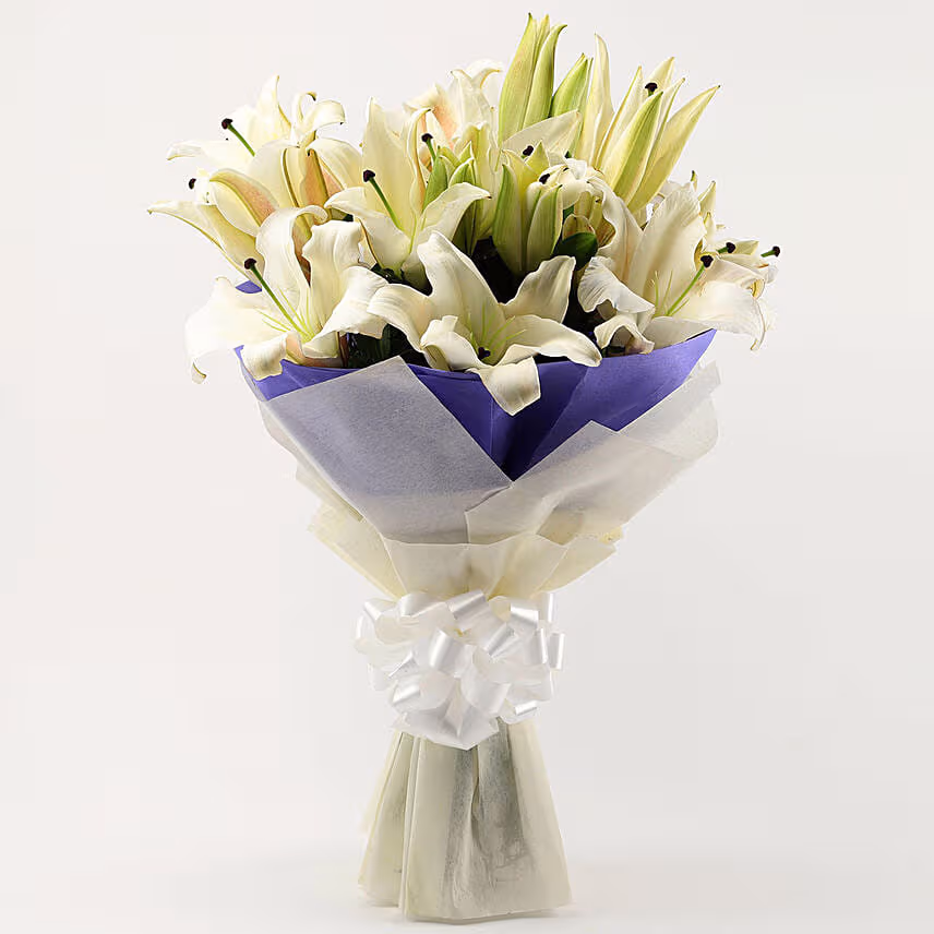 White Oriental Lilies Bouquet with Moet Champagne 200ml