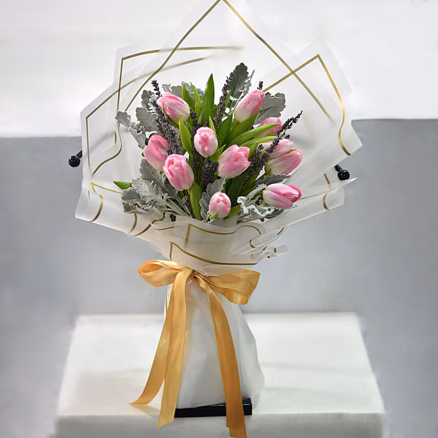 Lovely Pink Tulips Bouquet With Teddy Bear