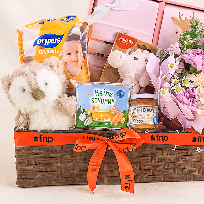 Brown Straw Basket Baby Hamper