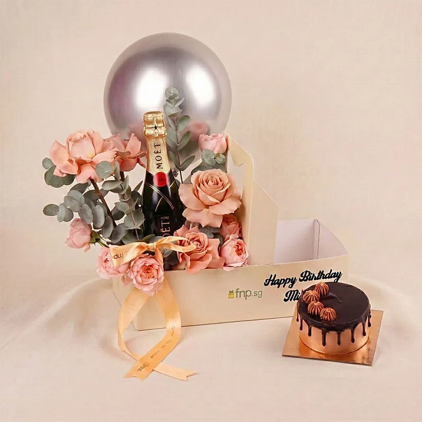 Personalised Gift Box With Wine, Roses & Cake
