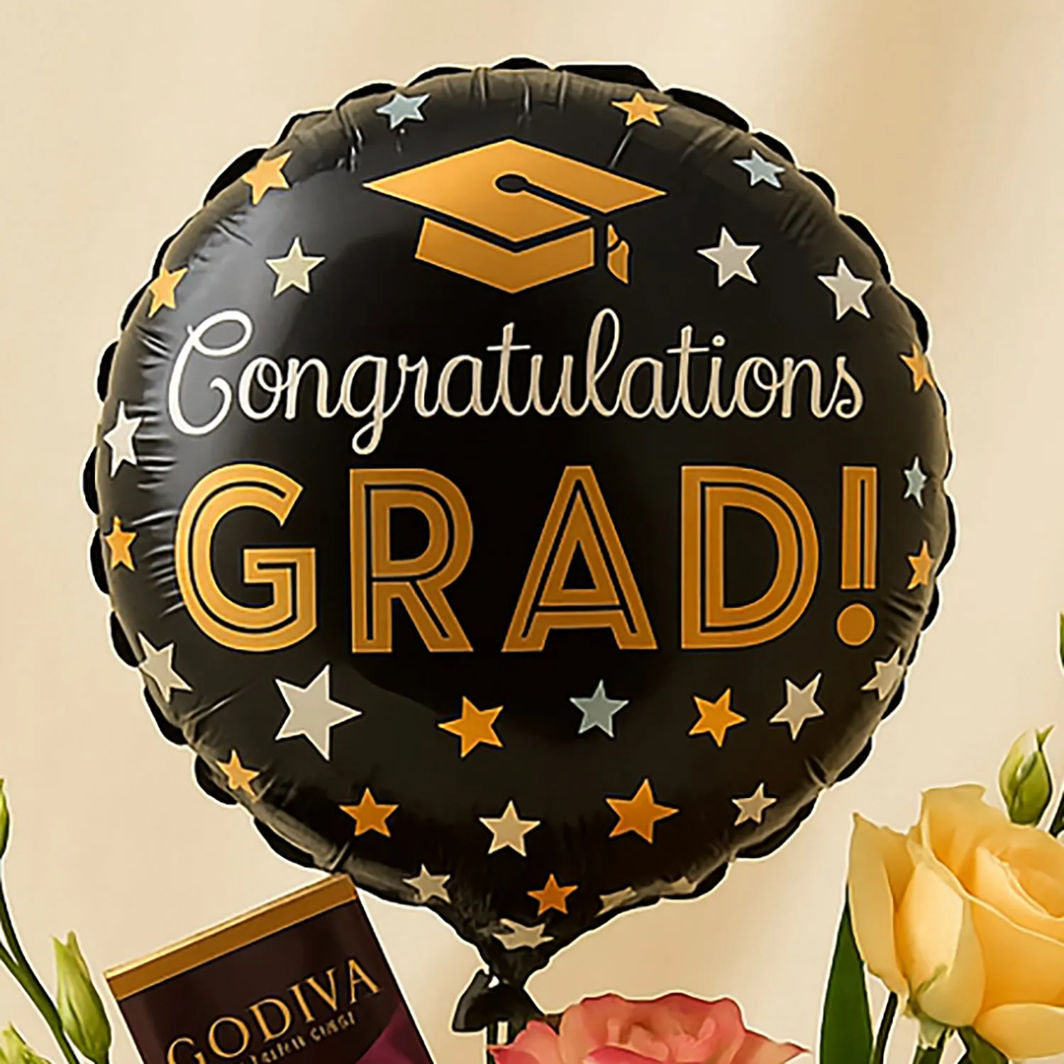Elegant Graduation Rose Box with Godiva Chocolate and Balloon