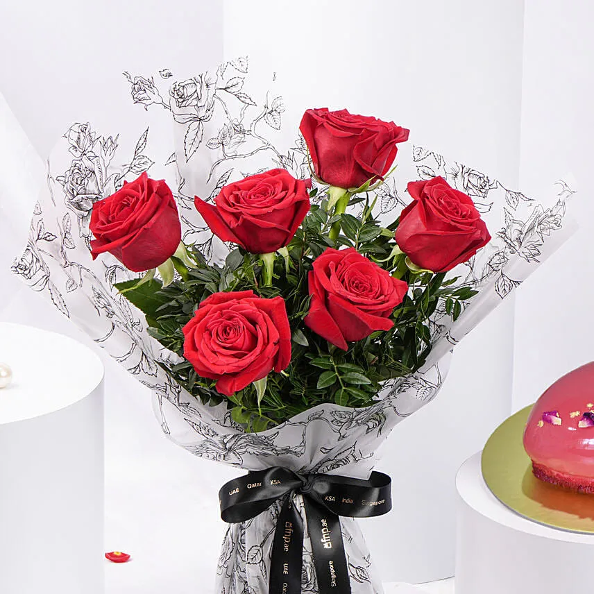Valentine 6 Roses and Heart Shape Cake