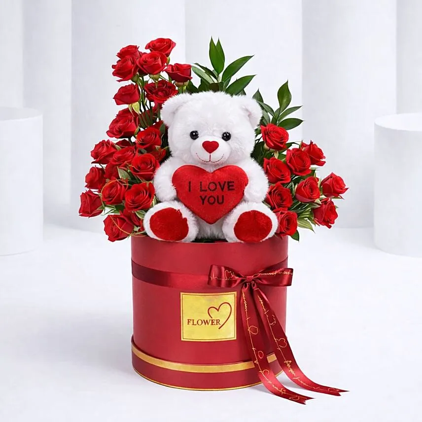 Valentines Red Rose Floral Box with Teddy Bear