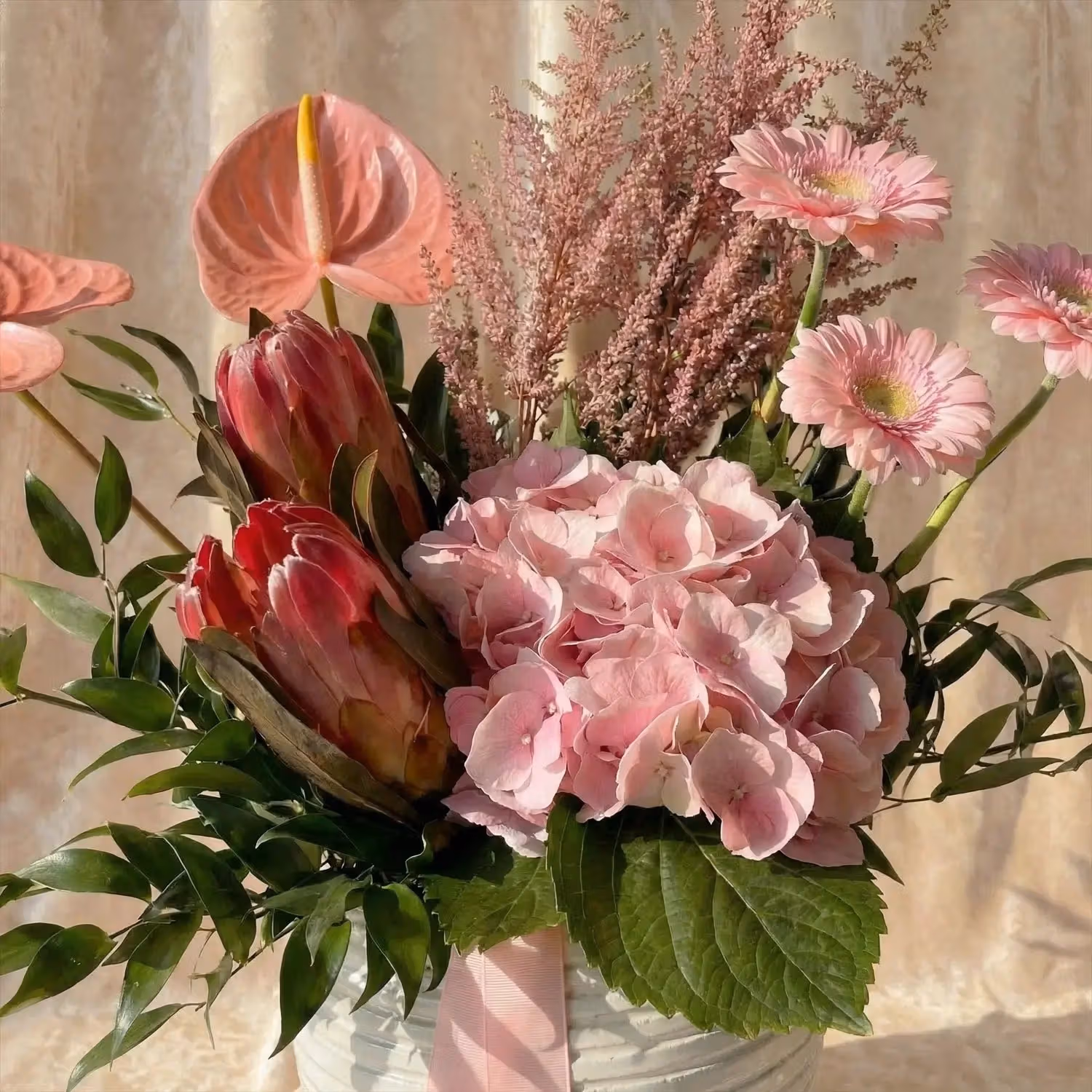 Elegant Pink Anthurium & Gerbera Bouquet in White Pot