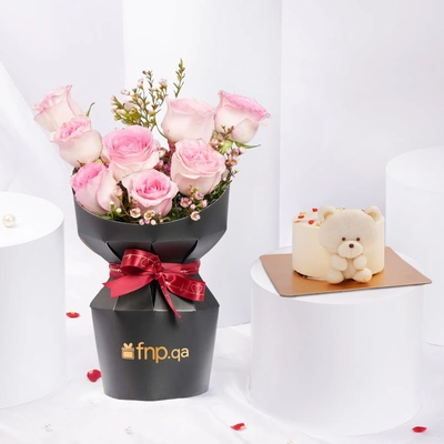 Exquisite Lovers Bloom: 8 Pink Roses with Chocolate Mono Cake 200gm