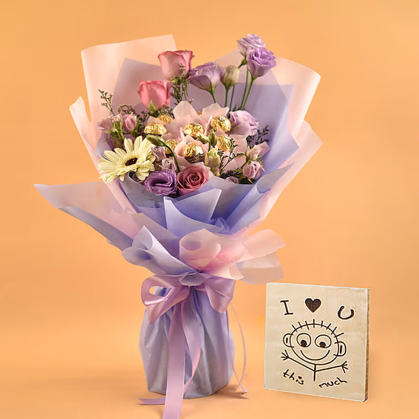 Mixed Flowers & Ferrero Rocher Bouquet With I Love You Table Top For Love